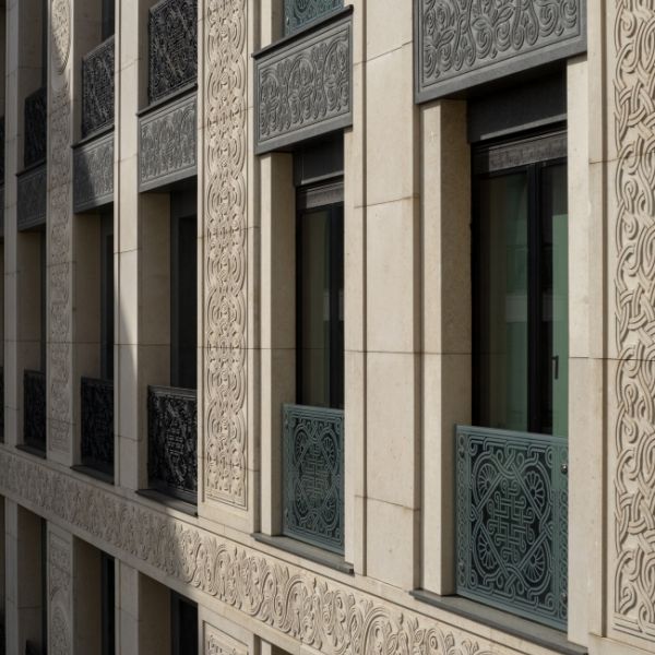 Natursteinfassade mit Intarsien Wohnanlage Granatny